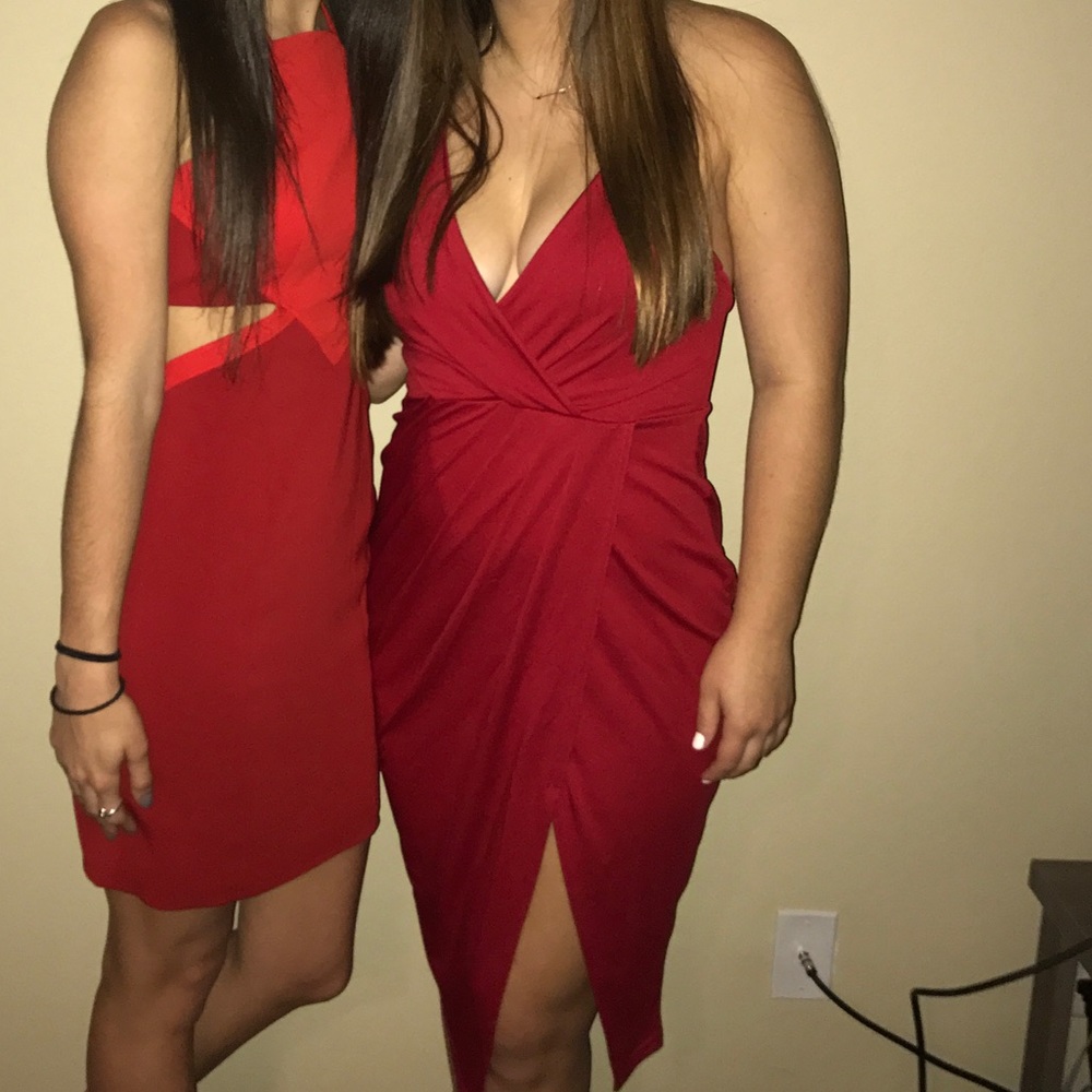 Red Boohoo Low Back, Low Cut Dress with leg slit